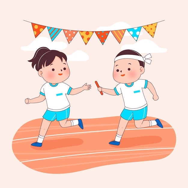 Crianças desenhadas à mão brincando de sobrevivência no festival japonês de esporte