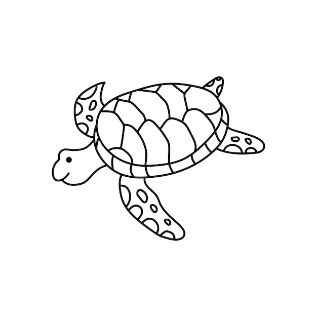 Crianças desenhadas à mão desenhando ilustração vetorial de tartaruga marinha fofa de desenho animado isolada no fundo branco