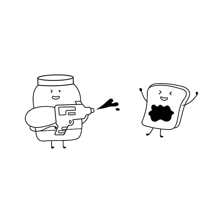 Vetor crianças desenhadas à mão, estilo de desenho engraçado, geléia de mirtilo fofa, brincando com pão em um estilo de desenho animado