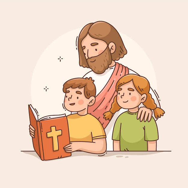 Crianças desenhadas à mão lendo uma ilustração bíblica