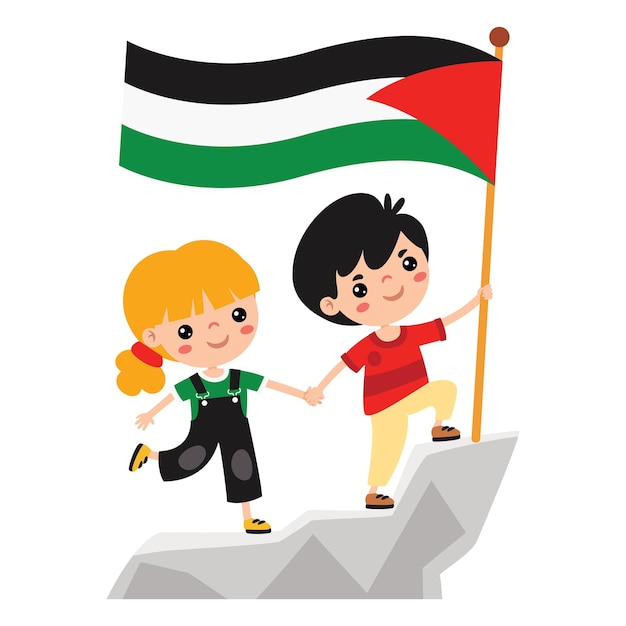 Vetor crianças desenhadas com a bandeira da palestina