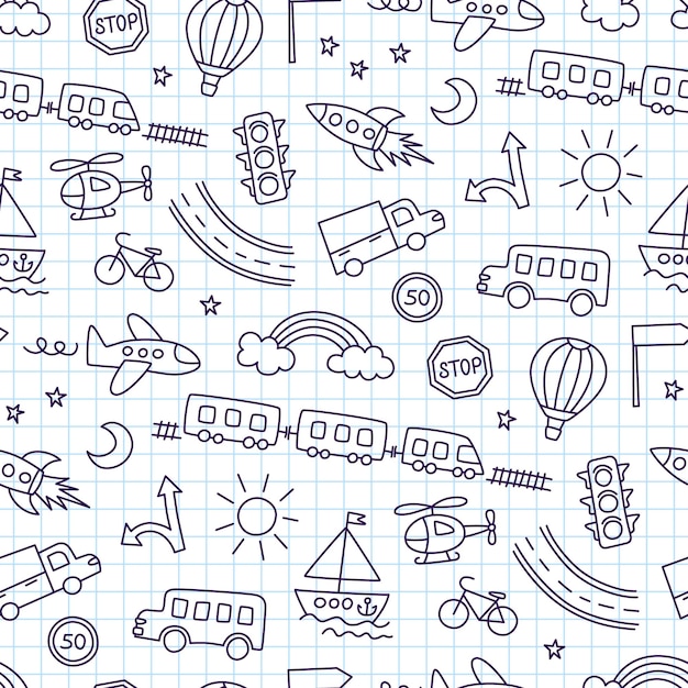 Crianças desenhando carros, trem, avião, helicóptero e foguete. transporte de doodle. desenho de crianças fofas. padrão sem emenda no estilo infantil. mão-extraídas ilustração vetorial no fundo quadrado do caderno