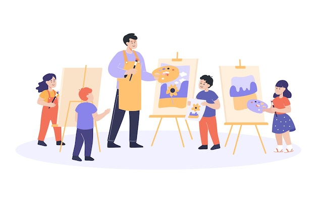 Crianças desenhando em cavaletes em ilustração vetorial plana de classe de arte. Crianças felizes pintando sobre tela com professor do sexo masculino, segurando paletes e pincéis. Lição, hobby, conceito de arte
