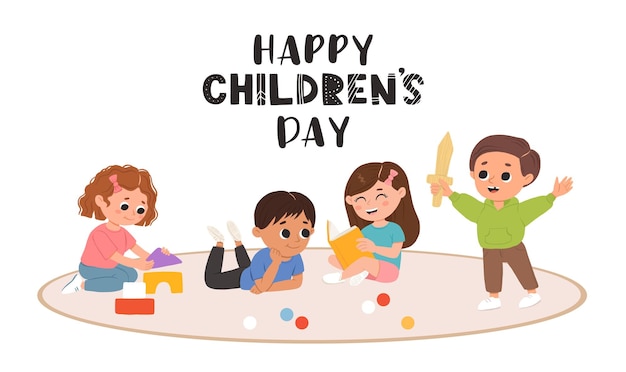 Crianças do dia das crianças estão brincando de brinquedos e rindo juntas alegremente Meninos e meninas comemorando o dia mundial da criançaDesenhar cartões ou cartazes de amizade infantil