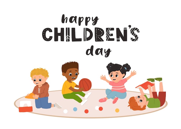 Crianças do dia das crianças estão brincando de brinquedos e rindo juntas alegremente meninos e meninas comemorando o dia mundial da criançadesenhar cartões ou cartazes de amizade infantil