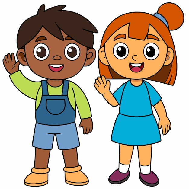 Crianças do jardim de infância indo para a escola estudante desenhado à mão mascote personagem de desenho animado adesivo conceito de ícone