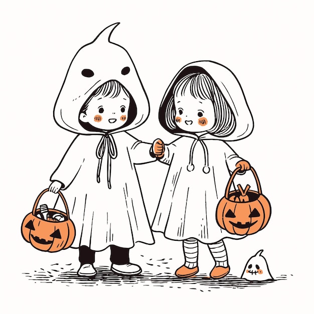 Crianças doces ou travessuras em trajes caseiros em uma nítida noite de Halloween ilustração vetorial