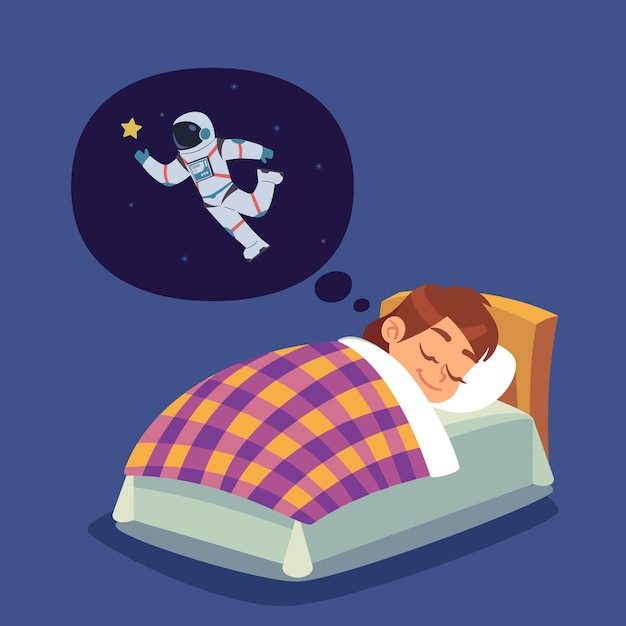 Crianças dormem garoto de desenho animado na cama sonhando com voo espacial menino quer se tornar astronauta jovem personagem pensando em cosmonauta e exploração espacial vector adolescente se imagina astronauta