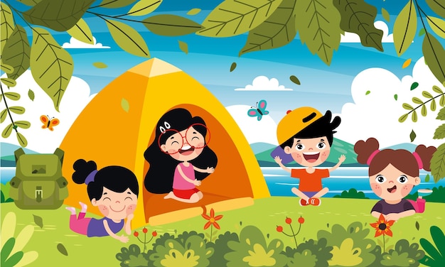 Crianças dos desenhos animados acampando na natureza