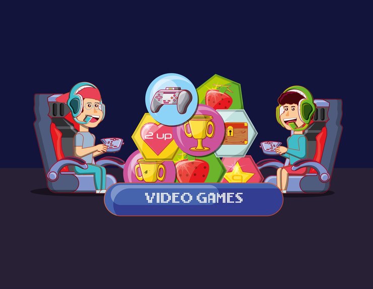 Vetor crianças dos desenhos animados com videogame relacionados com ícones sobre fundo preto
