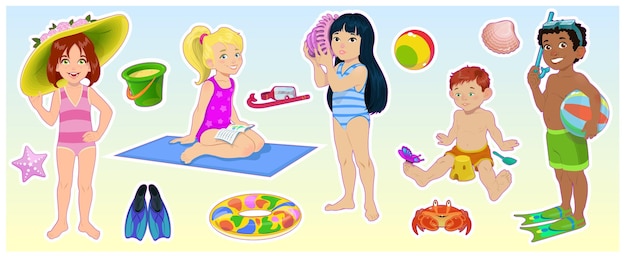 Crianças dos desenhos animados na praia de verão