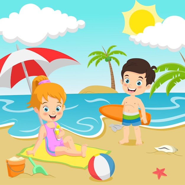 Crianças dos desenhos animados na praia tropical