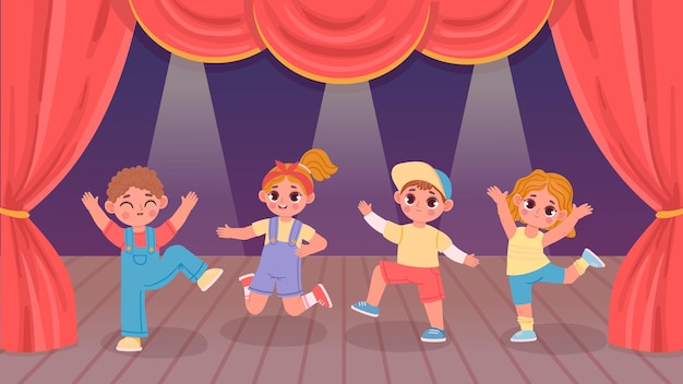 Crianças dos desenhos animados realizando dança no palco do teatro com cortina. atividade em grupo para meninos e meninas do jardim de infância. as crianças dançam o conceito de vetor de show. pequenos personagens se divertindo juntos