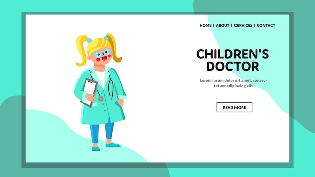 Crianças doutor profissão jogar little girl vector. médico de crianças brincando de criança, vestindo terno de remédio, óculos e estetoscópio, segurando a lista de verificação. personagem web flat cartoon ilustração