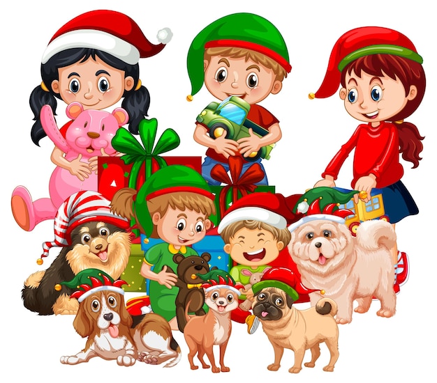 Crianças e cães no tema de Natal