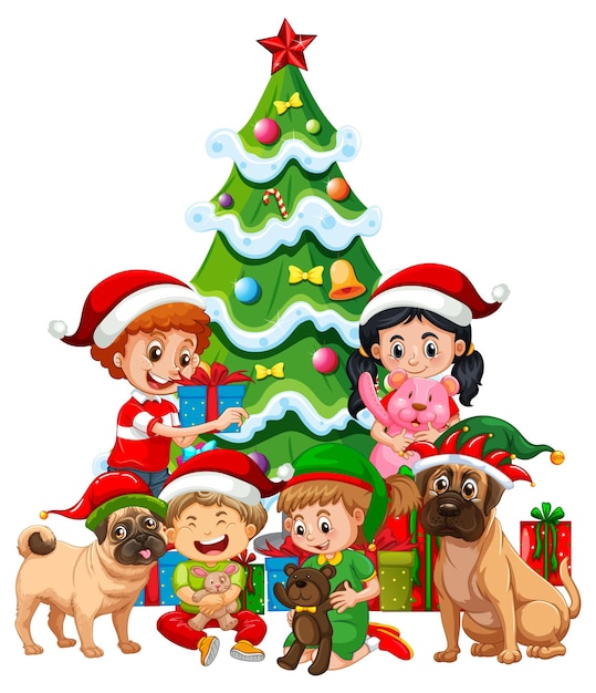 Crianças e cães no tema de natal