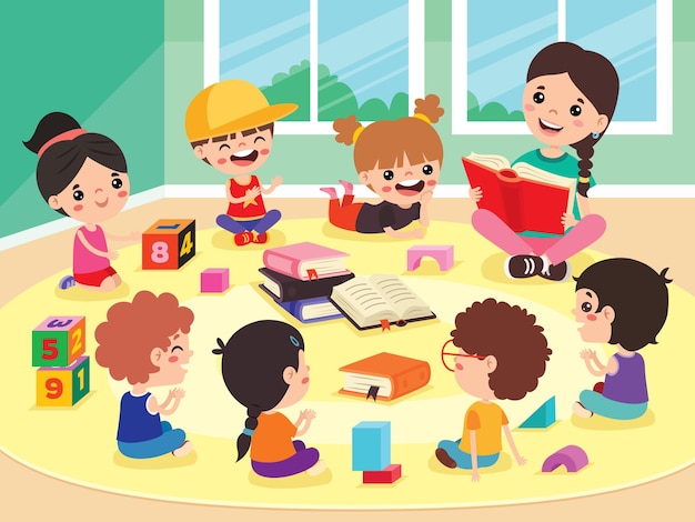 Crianças e professor no jardim de infância