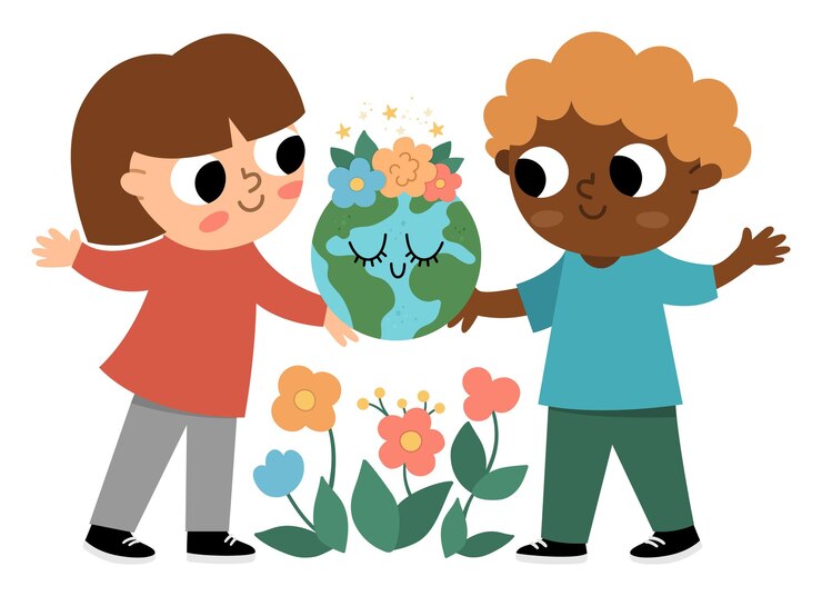 Vetor crianças ecológicas bonitas segurando a terra sorridente nas mãos menino e menina cuidando do planeta e meio ambiente ilustração do dia da terra conceito de vetor ecológico com crianças e globo com flores