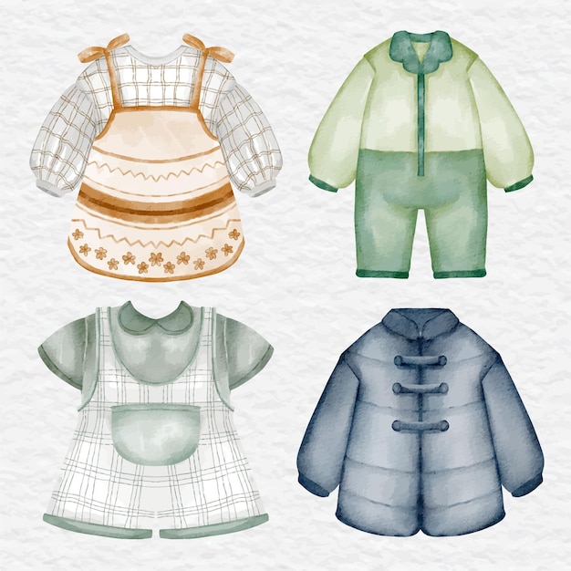 Vetor crianças em aquarela e clipart de roupas de bebê