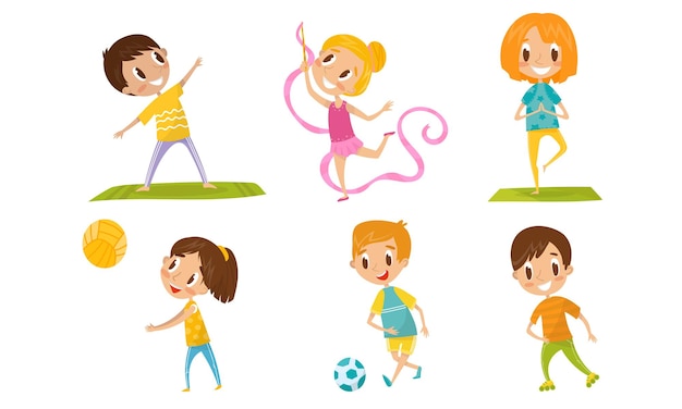 Crianças em atividade física Prática de alongamento exercício de ioga com fitas jogando futebol voleibol rolos patinação ilustrações vetoriais personagem de desenho animado isolado fundo branco