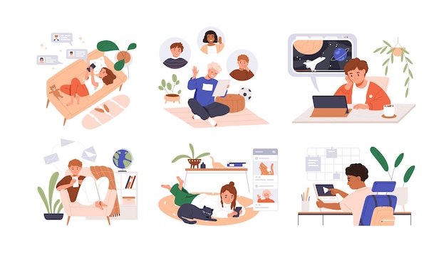 Crianças em casa com telefones e tablets configurados. Crianças estudando online, navegando nas redes sociais, jogando, conversando por videochamada e usando a internet. Ilustrações vetoriais planas isoladas sobre fundo branco.