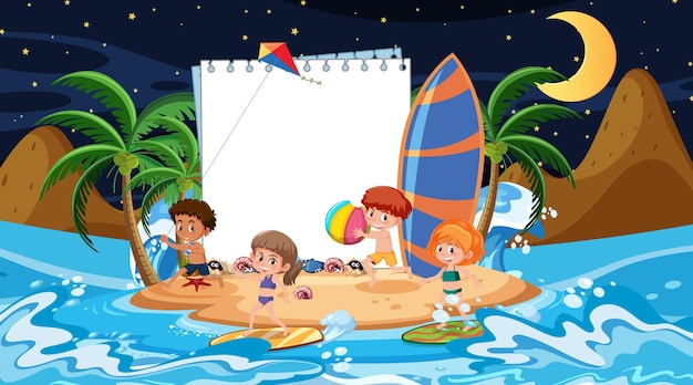 Crianças em férias na cena noturna da praia com um modelo de banner vazio