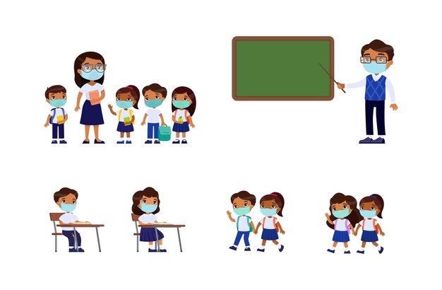 Crianças em idade escolar e professores com máscaras no rosto. Doenças respiratórias, alergias, coronavírus