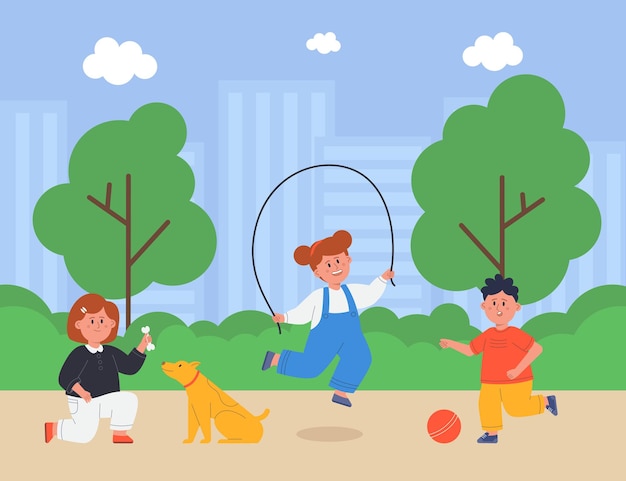 Crianças em idade pré-escolar brincando no playground do parque ou jardim. meninas pulando corda e treinamento de cão, ilustração vetorial plana de menino batendo bola. jardim de infância, atividade divertida para crianças, conceito de acampamento de verão