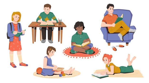 Crianças em idade pré-escolar lendo livros isolados