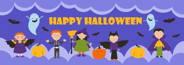 Crianças em trajes de festa de halloween ilustração vetorial