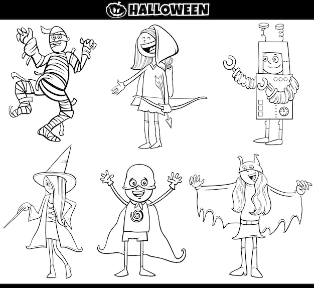 Crianças em trajes de halloween definir página de livro para colorir de desenho