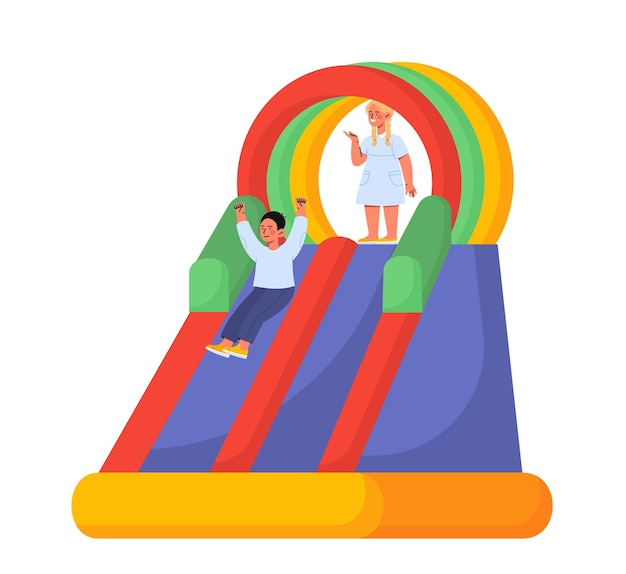 Crianças em trampolim Menino e menina em tapete de borracha com ar Entretenimento e parque de diversões Diversão e lazer para crianças Ilustração vetorial plana de desenho animado isolada em fundo branco