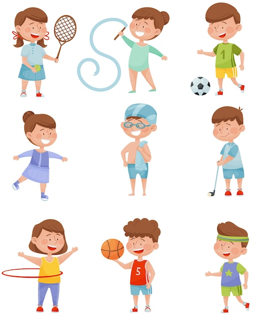 Crianças enérgicas fazendo diferentes tipos de ilustrações vetoriais esportivas