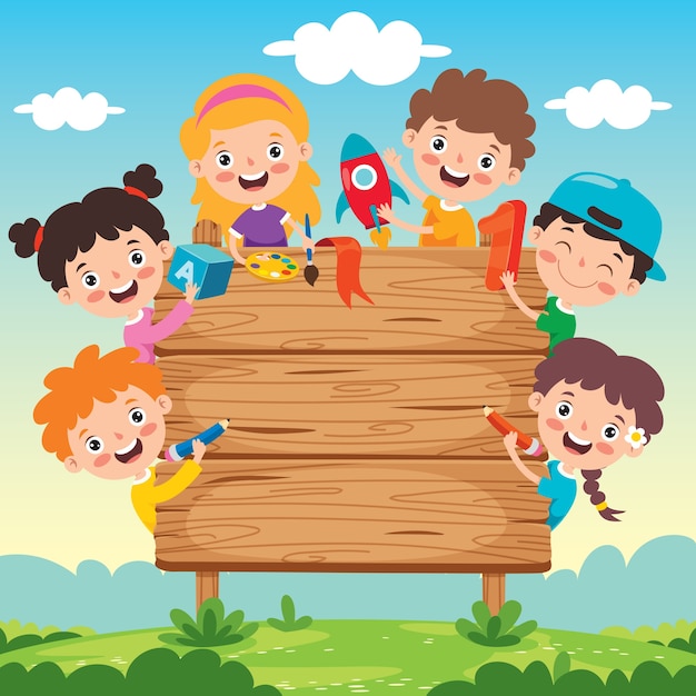 Crianças engraçadas posando com uma placa de madeira vazia