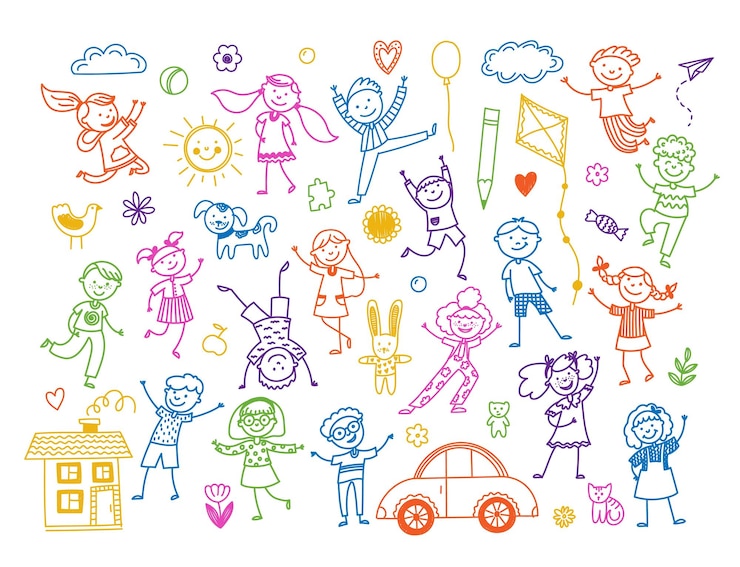 Vetor crianças esboçadas felizes crianças bonitas rabiscando brincando e se divertindo emoções infantis conceito engraçado meninos e meninas rabiscando desenho a lápis conjunto isolado vetorial
