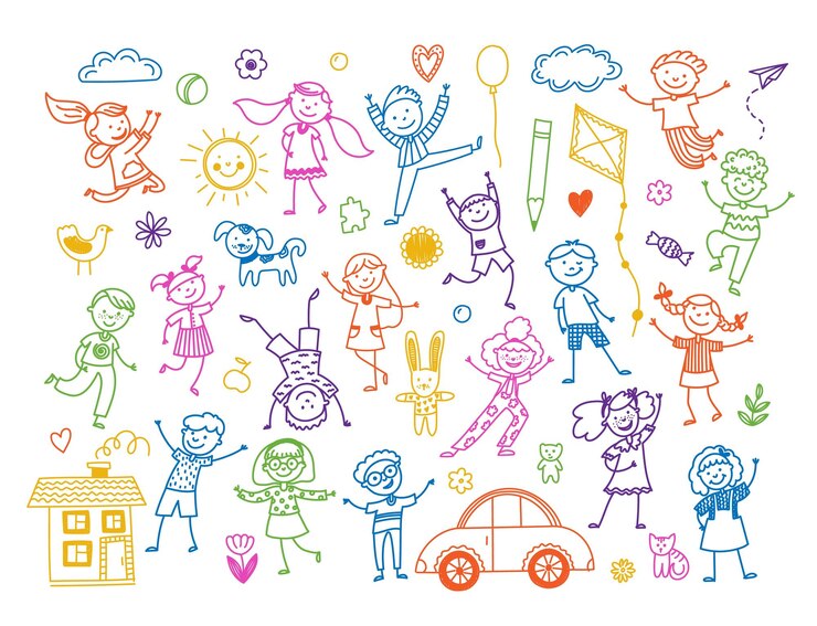Vetor crianças esboçadas felizes crianças bonitas rabiscando brincando e se divertindo emoções infantis conceito engraçado meninos e meninas rabiscando desenho a lápis conjunto isolado vetorial