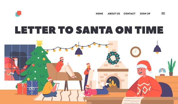 Crianças escrevem carta para o modelo de página de destino do Papai Noel Personagens de meninos e meninas escrevendo lista de desejos em sala grande