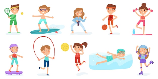 Crianças esporte exercício crianças treino personagens de fitness menino e menina crianças praticando esportes natação e tênis conjunto de ilustração vetorial mascotes de fitness para crianças