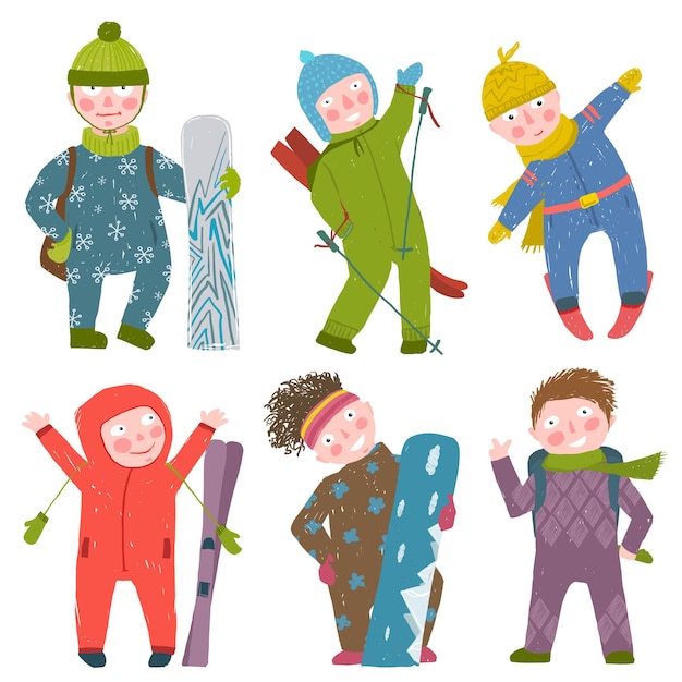 Crianças esquiando e snowboard ilustração em vetor diversão, snowboard e esqui, inverno