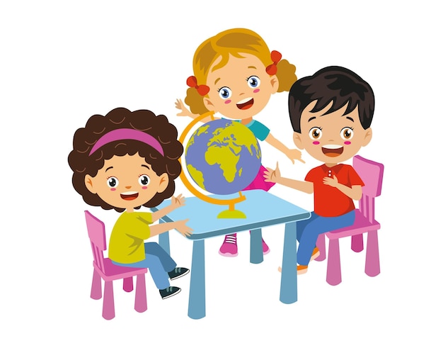 Crianças estudando o mapa do mundo na sala de aula da escola