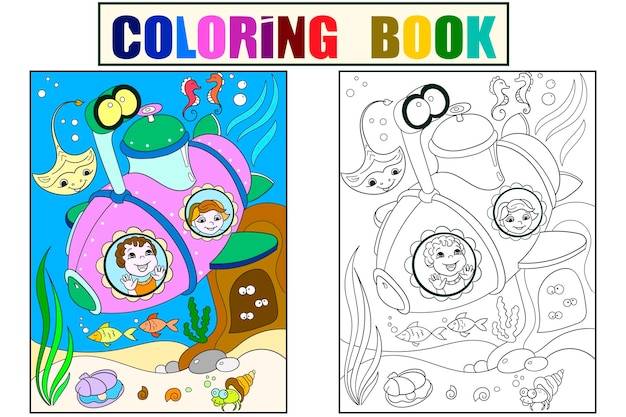 Crianças explorando o mundo subaquático em páginas coloridas submarinas para desenho animado infantil vetor colorir preto e branco