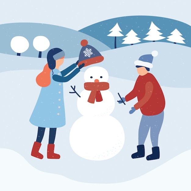 Crianças fazem um boneco de neve Ilustração vetorial de inverno e crianças em desenhos animados e estilo simples