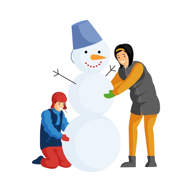 Crianças fazendo boneco de neve ilustração de cor plana