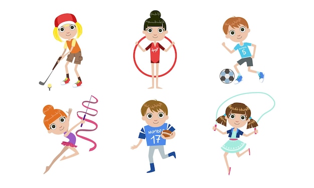 Crianças fazendo diferentes tipos de esportes set meninos e meninas jogando golfe futebol futebol saltando com corda ilustração vetorial