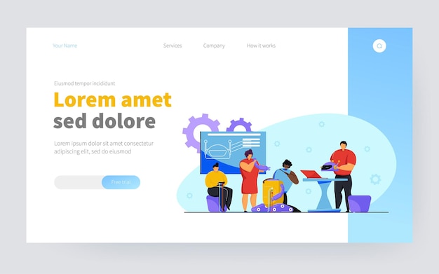 Crianças fazendo projeto escolar de robótica. Grupo de alunos fazendo robô, criança sentada, professor segurando a cabeça robótica. Robótica, tecnologia de engenharia, apresentação de robôs, conceito de projeto escolar