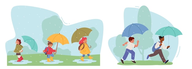 Crianças felizes andam sob o guarda-chuva meninos e meninas personagens em roupas quentes com mochila andando por poças