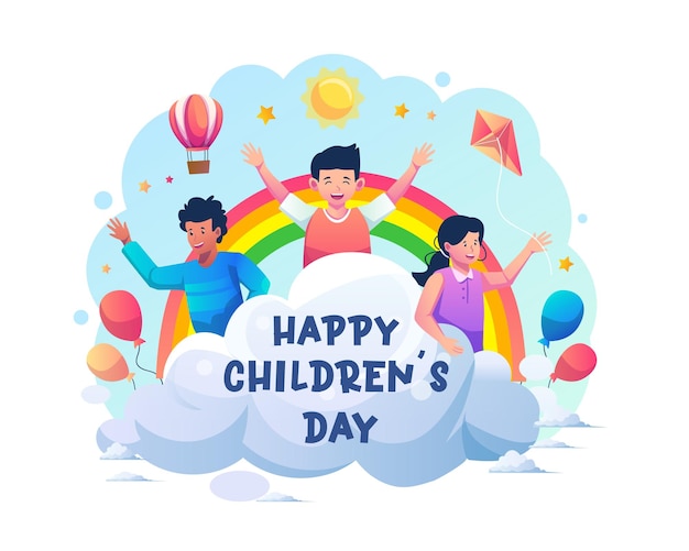Crianças felizes brincam na nuvem com o arco-íris comemorando a ilustração do dia das crianças