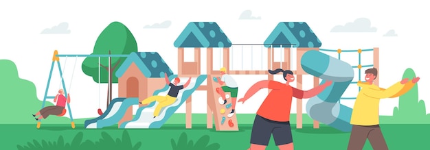 Crianças felizes brincando, diversão de meninos e meninas pré-adolescente no parque infantil. Personagens correm, escalam e balançam, crianças tendo recreação ativa. Infância, o conceito de liberdade. Ilustração em vetor desenho animado