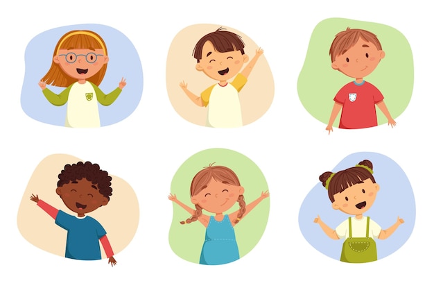 Crianças felizes coleção de vetores de desenhos animados crianças multiculturais em diferentes posições amigos felizes da classe pré-escolar