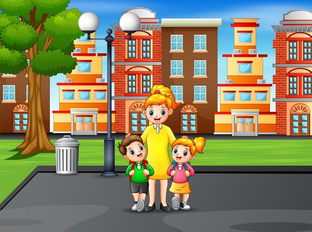 Crianças felizes com a mãe no parque